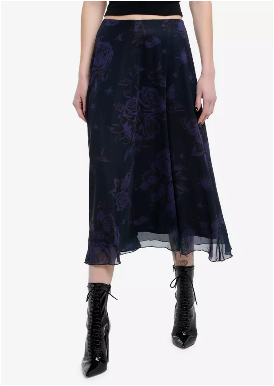 Cosmic Aura Floral Mesh Skirt Womens S Purple Black Floral Butterfly Goth Grunge